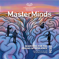 Illustration of a human brain in orange and blue with silhouettes of people, titled 'MASTERMINDS'.