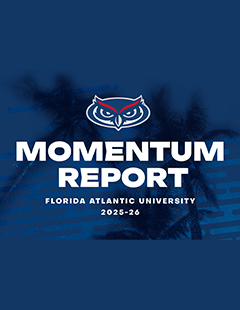 dark blue background with palm tree silhouettes and words, Momentum Report 2025-26