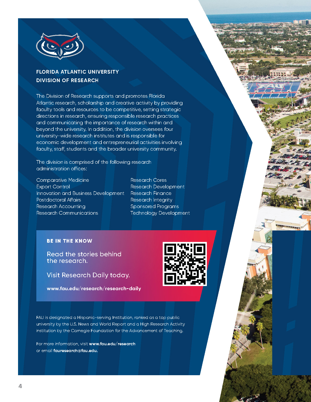 Aerial view of FAU campus alongside Division of Research office information