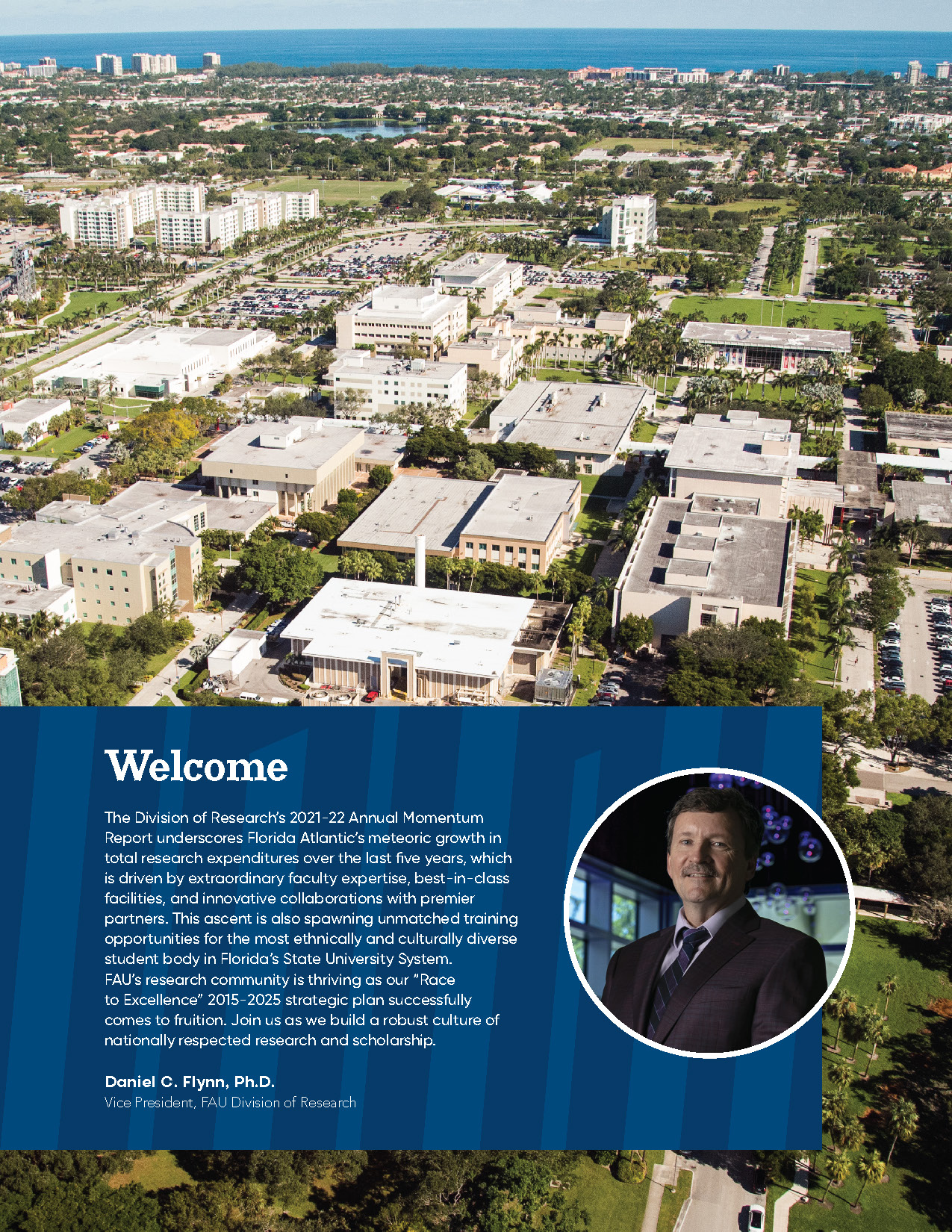 Aerial view of FAU campus with Welcome message and portrait of Vice President Daniel C. Flynn