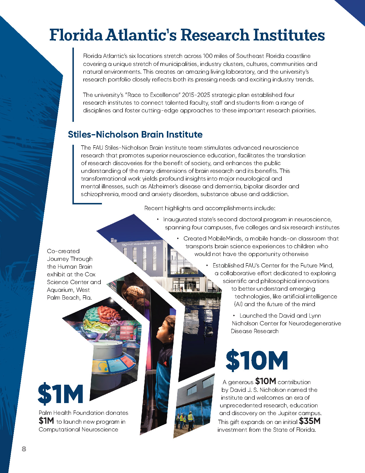 Stiles-Nicholson Brain Institute highlights including photos of the institute building, Journey Through the Human Brain exhibit, and researchers