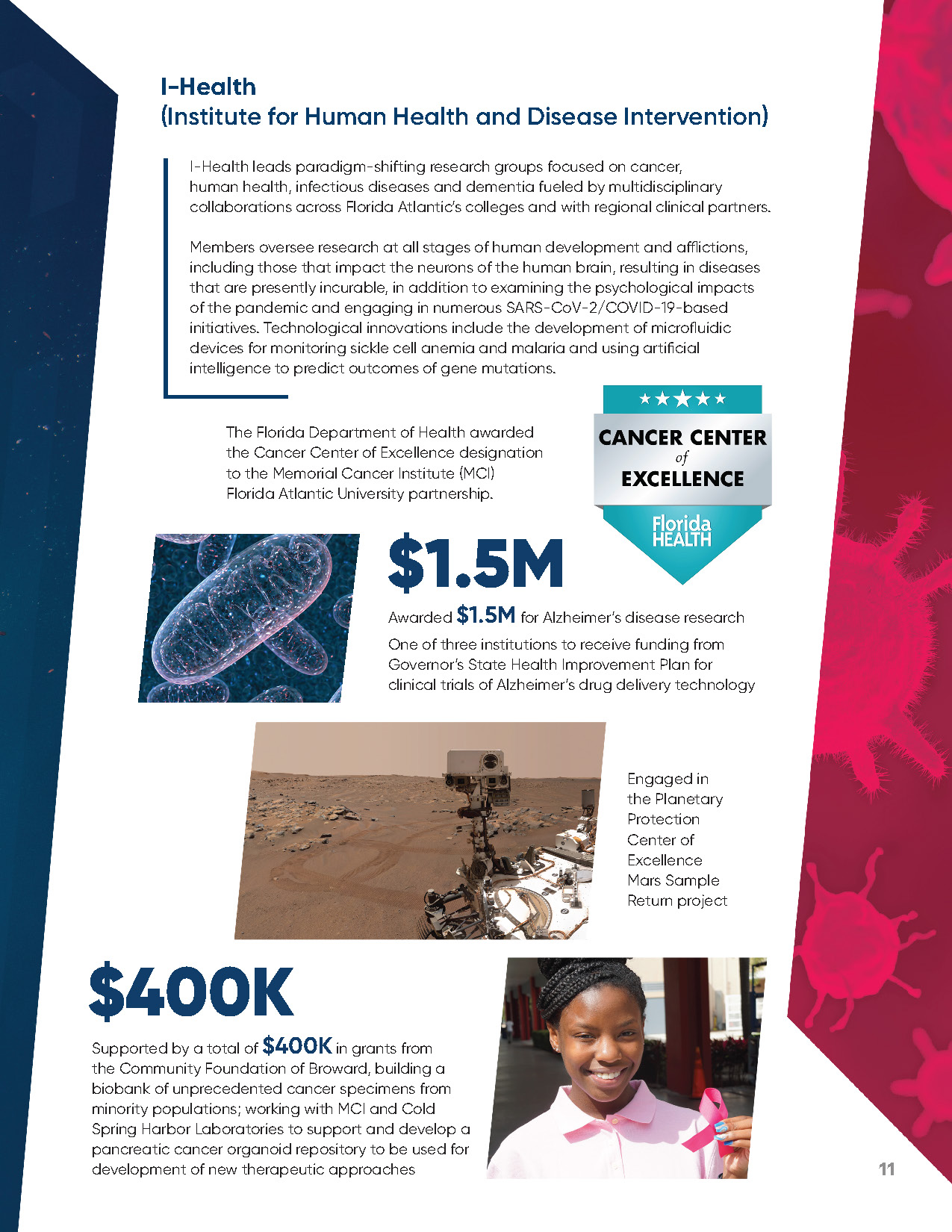 I-Health institute highlights including microscopic cell image, Cancer Center of Excellence badge, Mars rover, and smiling young girl wearing pink cancer awareness ribbon