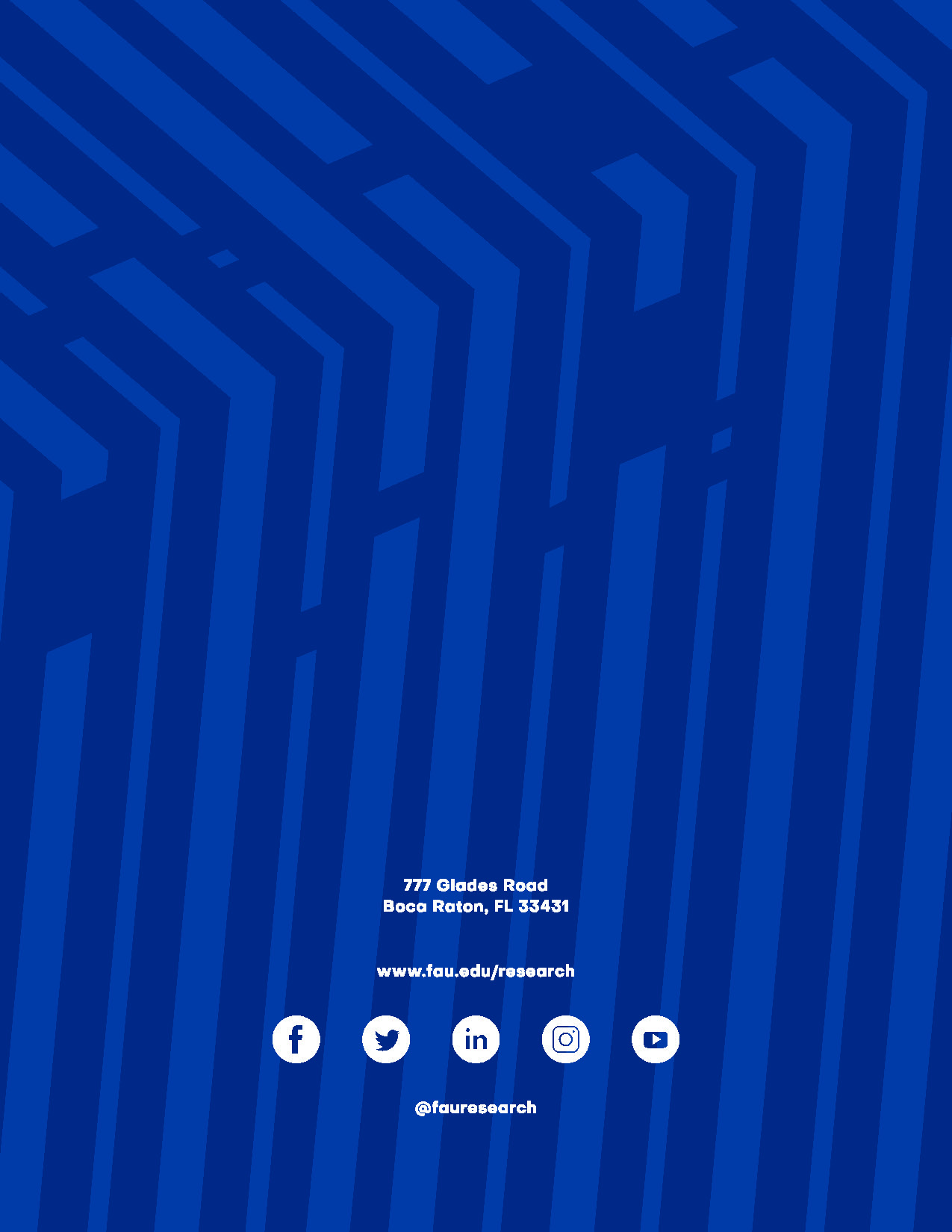 FAU Division of Research back cover with contact information and social media icons on a dark blue geometric background