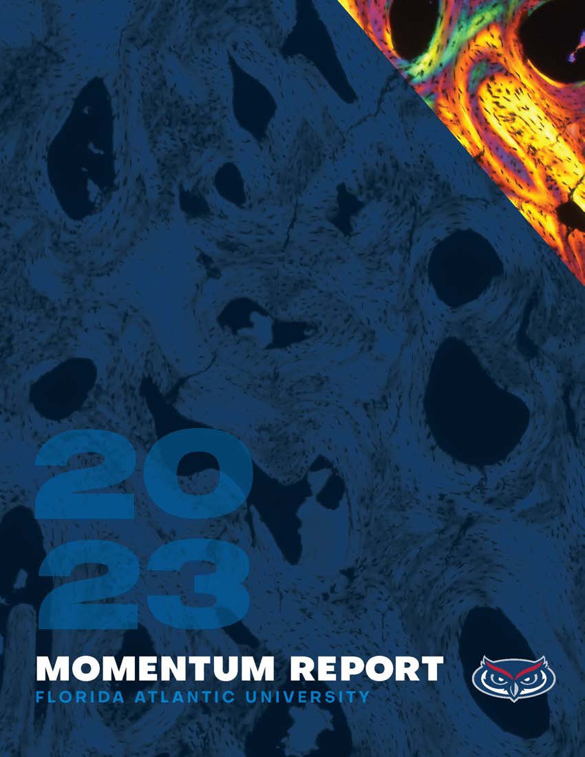 2023 Momentum Report cover with FAU owl logo on dark blue background