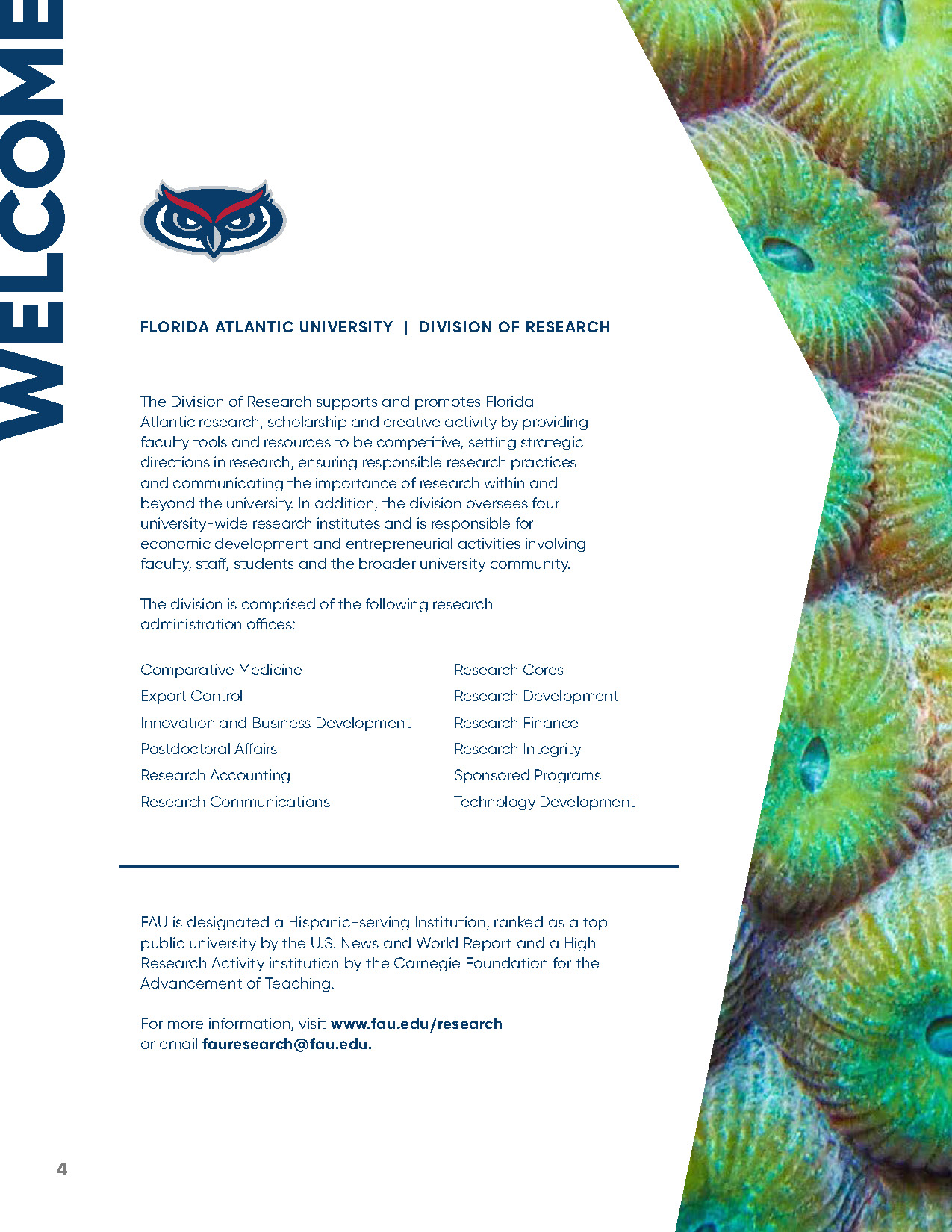 FAU owl logo and close-up of colorful coral reef