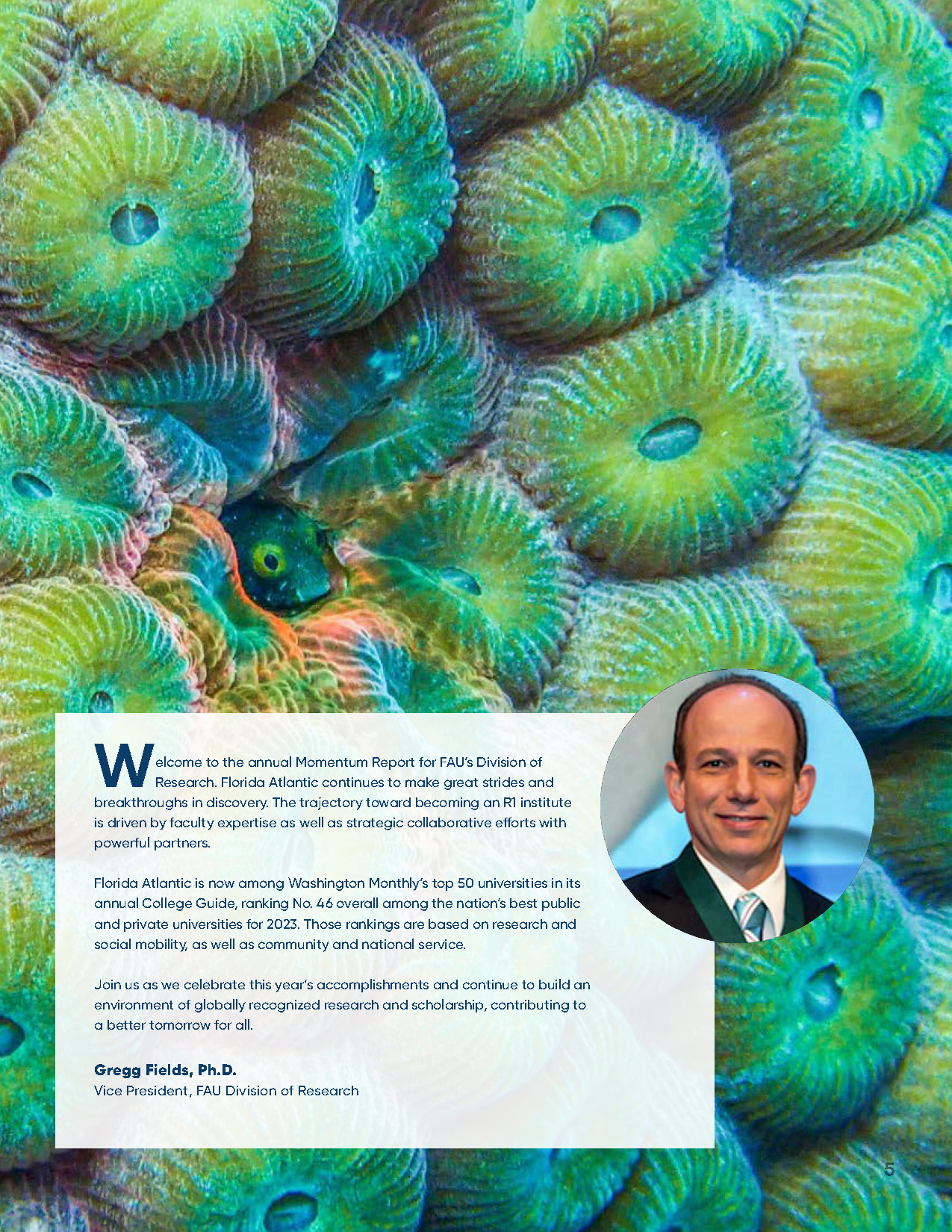 Headshot of Gregg Fields, Ph.D., Vice President of FAU Division of Research, over coral reef background