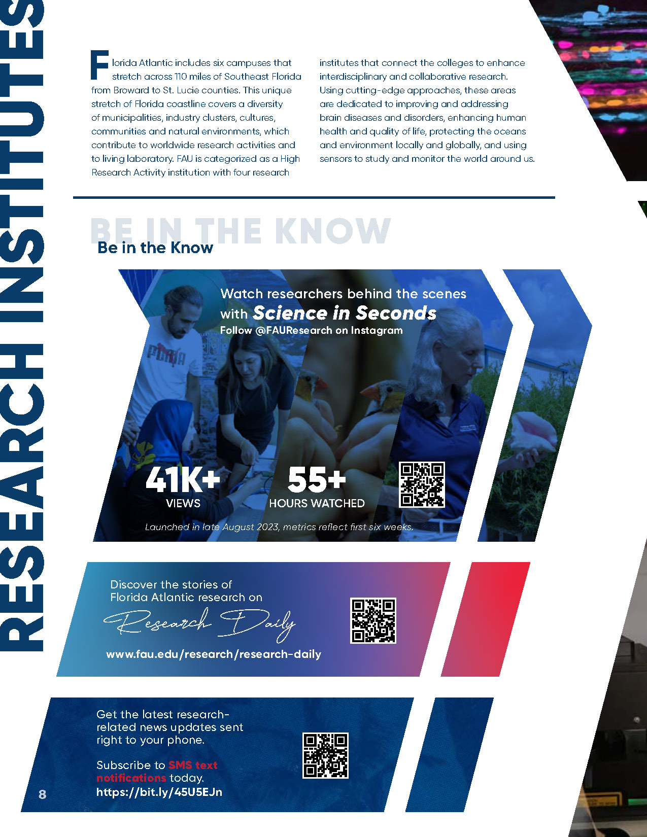 Research Institutes section with researchers in various lab and field settings