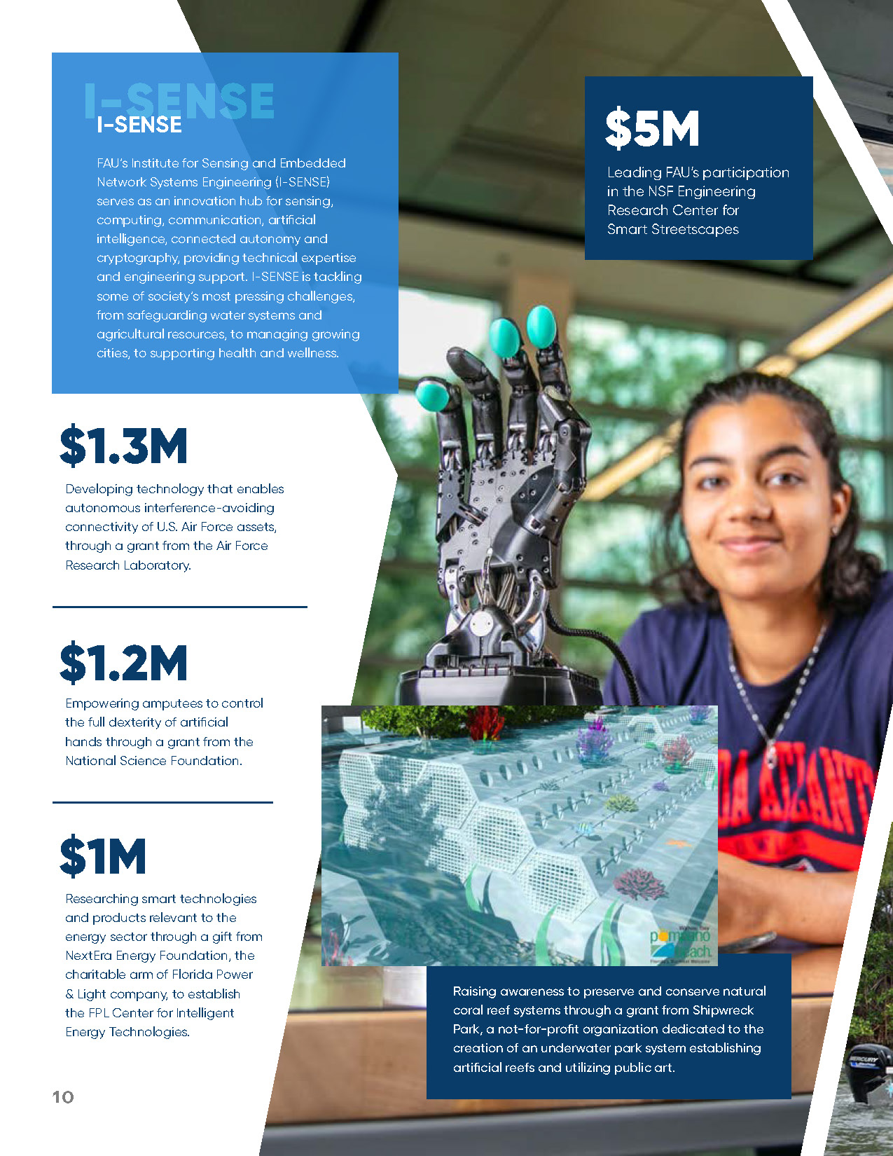 Student researcher with robotic prosthetic hand at I-SENSE lab
