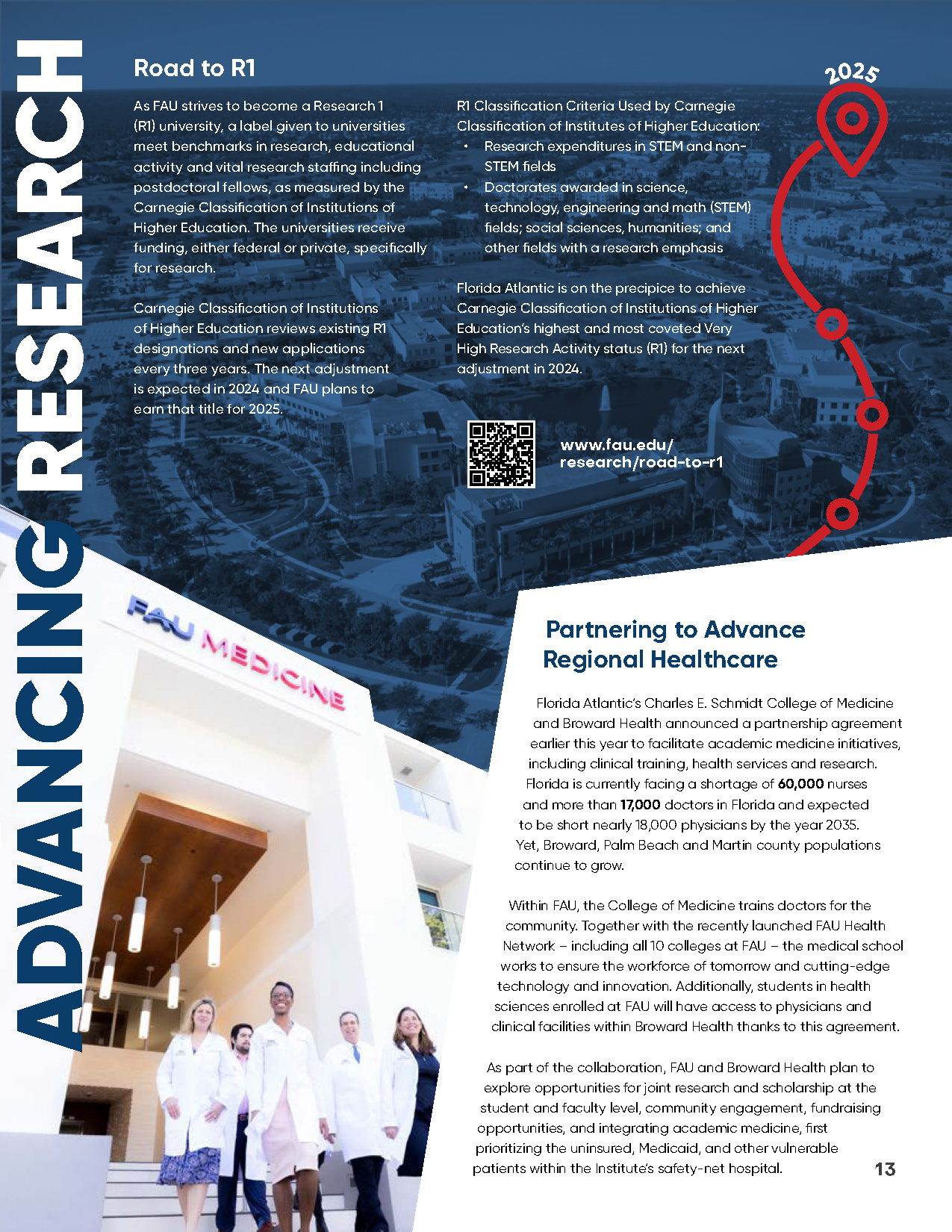 Aerial view of FAU campus and FAU Medicine building entrance with medical staff