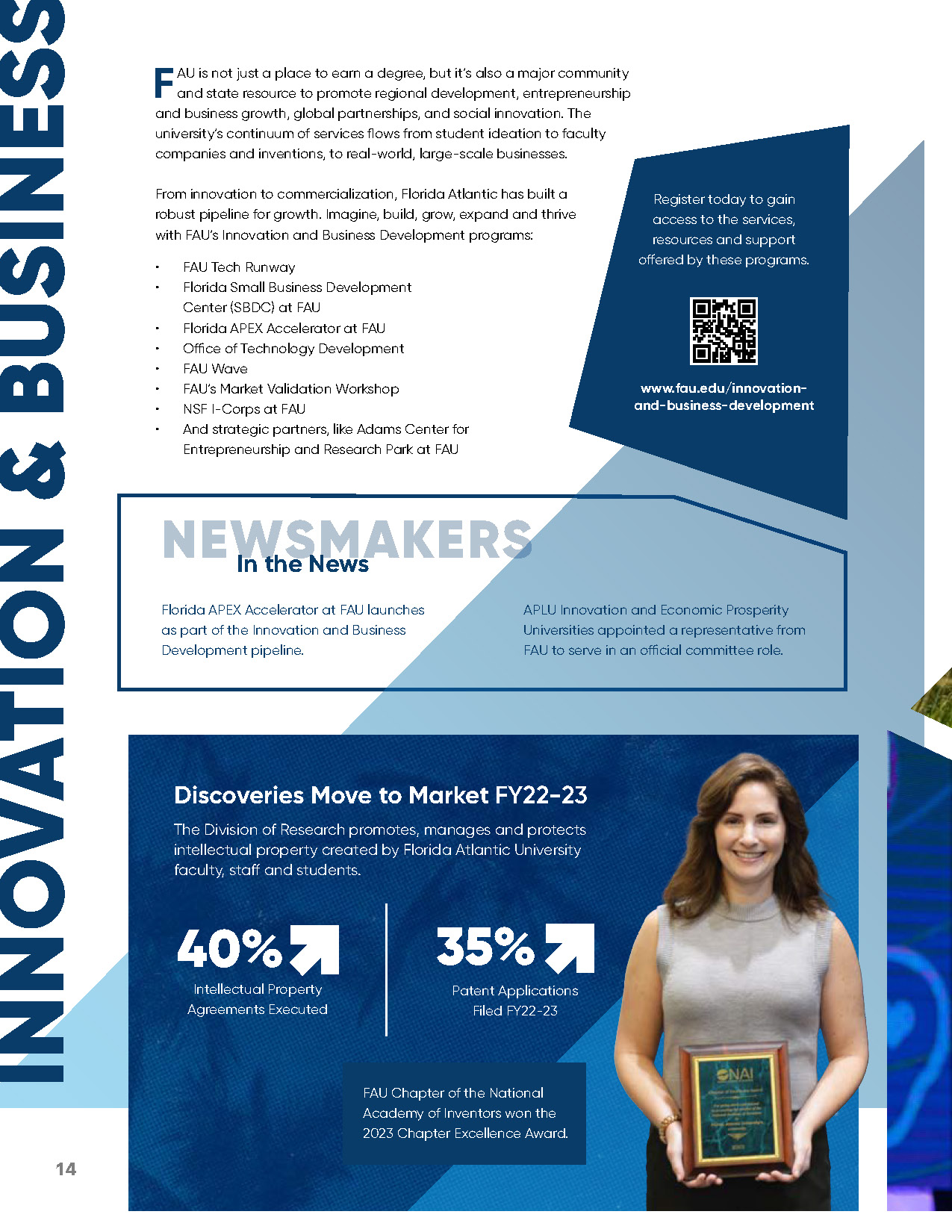 Innovation and Business section featuring woman holding National Academy of Inventors award plaque