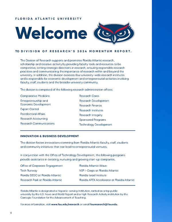 Welcome page with FAU owl logo, division offices list