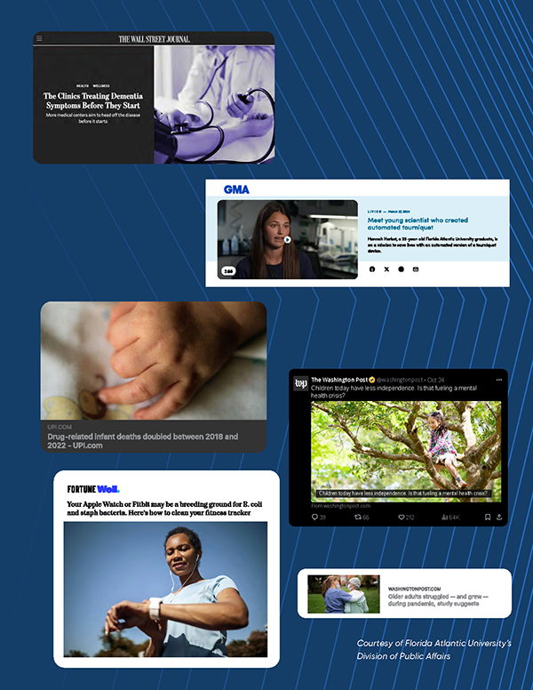 Collage of national media coverage including WSJ, GMA, Fortune, Washington Poststories featuring FAU research