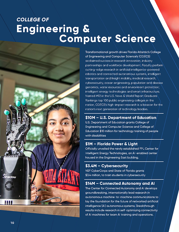 Student with robotic arm (College of Engineering) and close-up of mechanical device (College of Science) with news headlines about sea turtles, remote sensing, and fish tracking