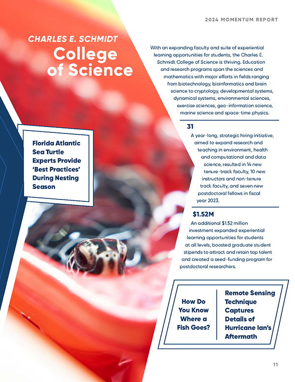 close-up of sea turtle (College of Science) with news headlines about sea turtles, remote sensing, and fish tracking