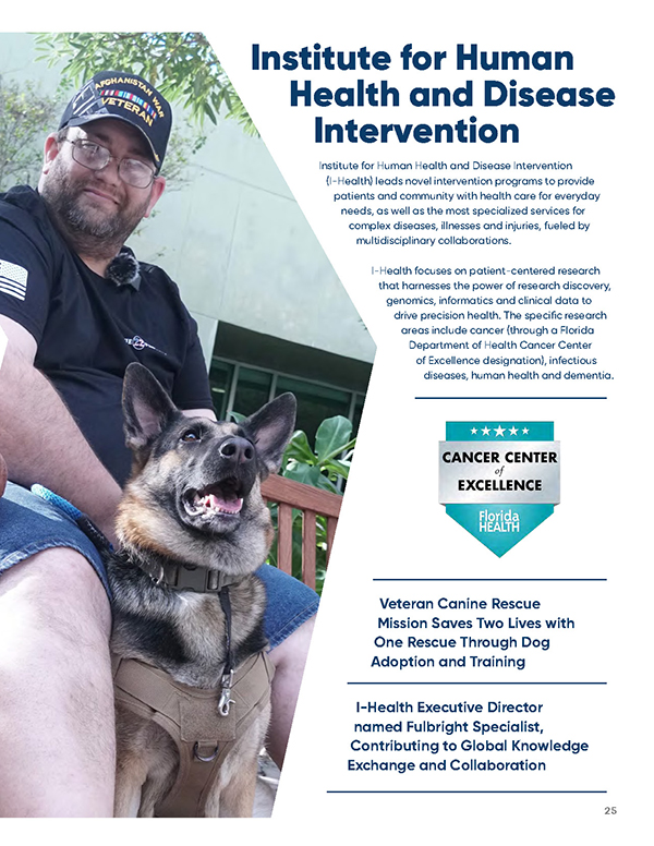 veteran with service dog (I-Health) and Cancer Center of Excellence badge