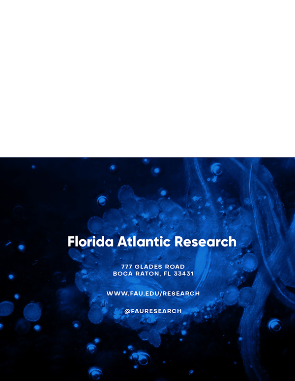 Florida Atlantic Research back cover with blue bioluminescent microscopy image