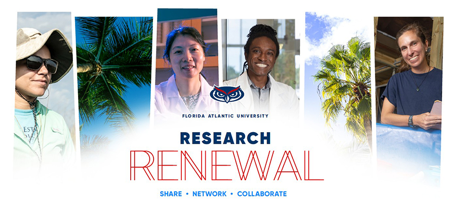 banner with several smiling people, palm trees, and words Researh Renewal in fancy font