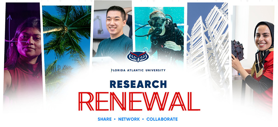 banner with several smiling people, buildings, and words Researh Renewal