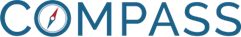 The word 'COMPASS' in blue capital letters, with the 'O' stylized as a compass icon featuring a red needle pointing northeast.