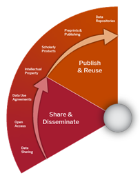 Semi-circular red and orange diagram showing the research lifecycle from 'Share & Disseminate' to 'Publish & Reuse.' The left, red section includes Data Sharing, Open Access, Data Use Agreements, Intellectual Property, and Scholarly Products. The right, orange section includes Preprints & Publishing and Data Repositories. A curved arrow flows clockwise through both sections, representing the progression and reuse of research outputs.