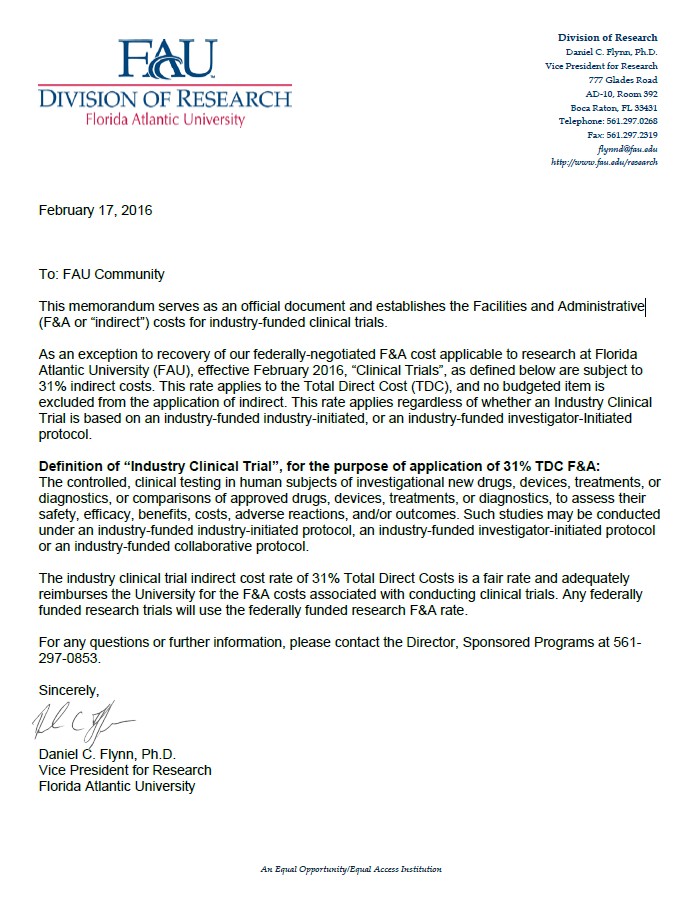 Official Florida Atlantic University (FAU) memorandum dated February 17, 2016, establishing a 31% indirect cost rate for industry-funded clinical trials based on Total Direct Cost (TDC).