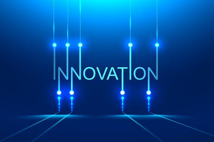 abstract blue and white background with stylized word 'Innovation'