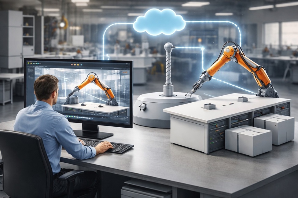 person looking at robotic arm on monitor, sitting at desk in lab with robotic arm on table