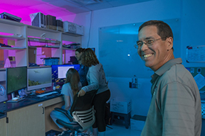 Stephen Kajiura in lab setting  (Photo by Alex Dolce)