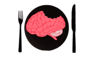 drawing of fork, knife, plate, and a brain