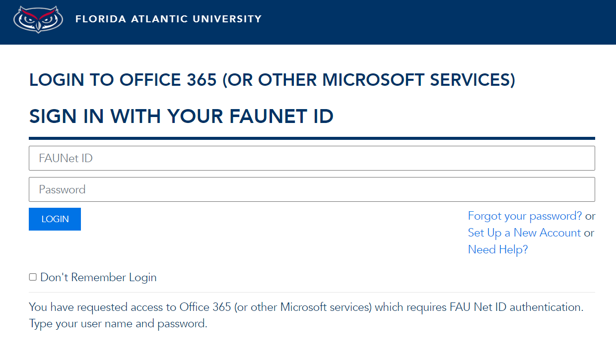 FAUNET ID and password screen