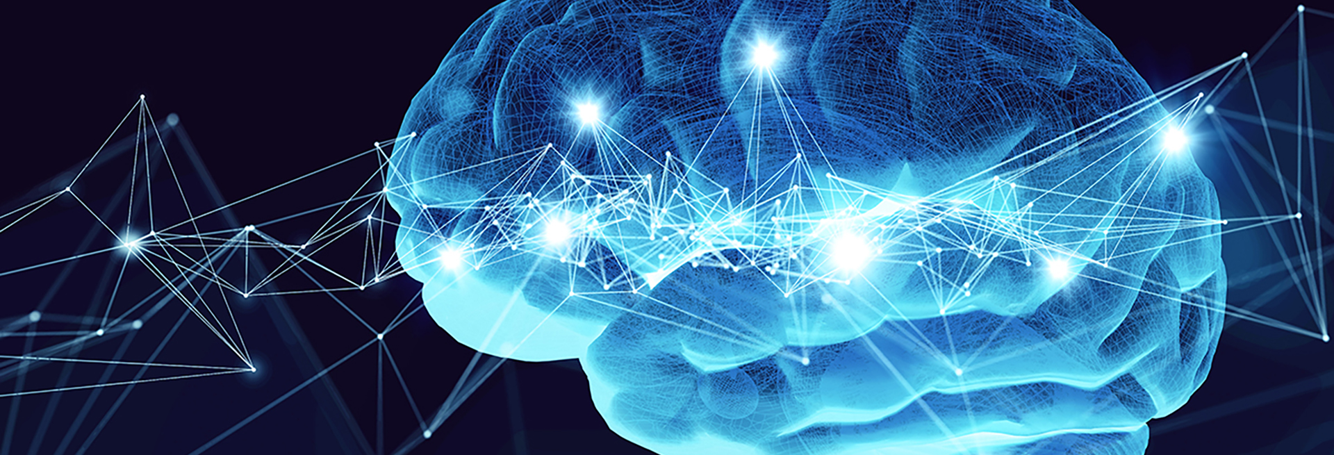 blue and white brain with network lines