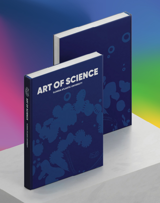 Art of Science book. Blue book on colorful background