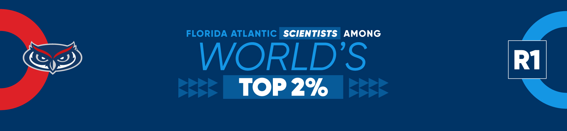 Dark blue background with text 'Florida Atlantic Scientists Among World's Top 2%' with FAU owl head beneath and 'R1' on the bottom right