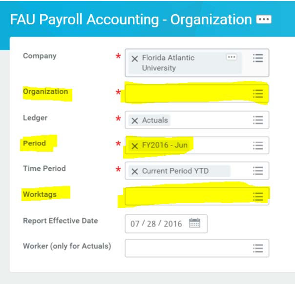 Screenshot of a Trial Balance accounting form in a software interface. Key fields are populated: Company (Florida Atlantic University), Ledger (Actuals), Book (Common Book), and Year (FY2016). The Worktags field is highlighted in yellow.