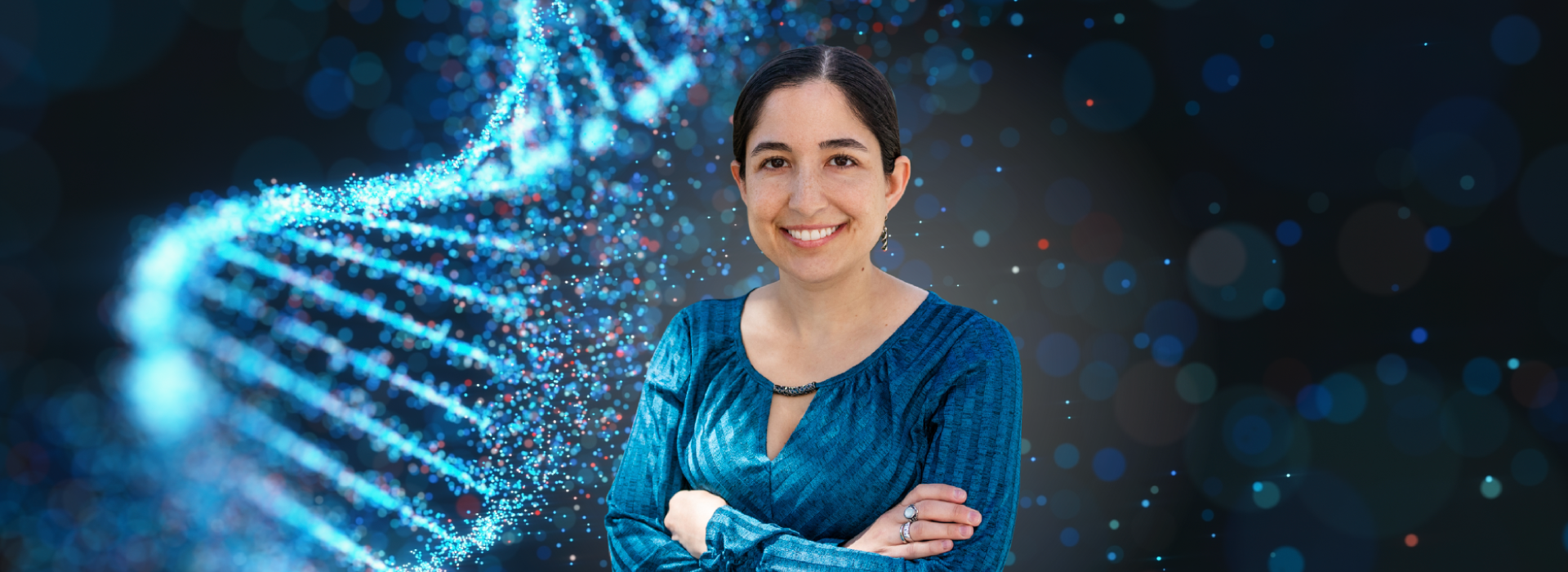 woman on abstract background with DNA strand