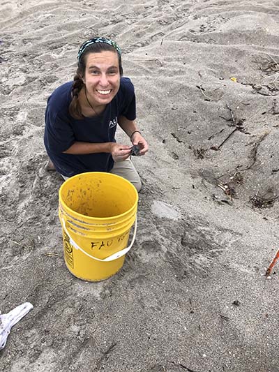 Samantha Trail at a nesting beach in Florida with a baby leatherback sea turtle