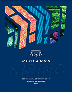 Cover of 'Research Rising' report by Florida Atlantic University featuring colorful geometric patterns and an owl illustration on a deep blue background.