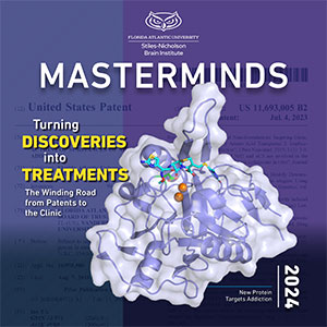 Graphic with protein model and text about turning discoveries into treatments by Florida Atlantic University.