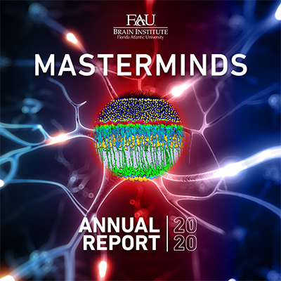 Abstract neural design with bright colors and 'MASTERMINDS' title.