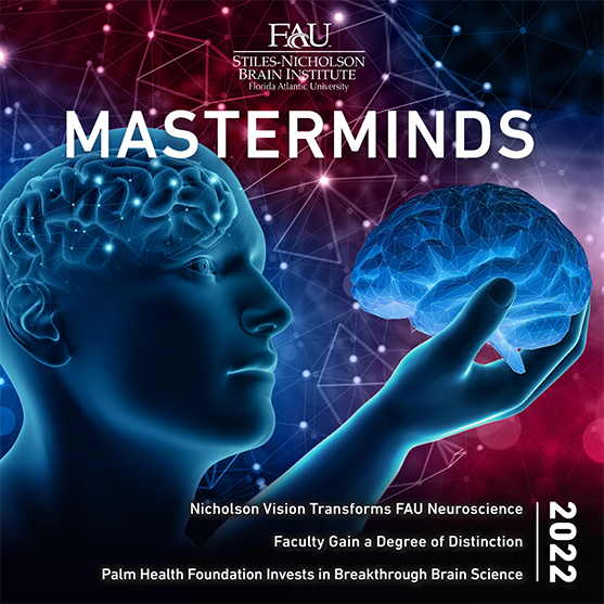 Illustration of a digital human head in profile with neural networks visible, holding a stylized brain, with FAU Brain Institute logo and text about neuroscience.