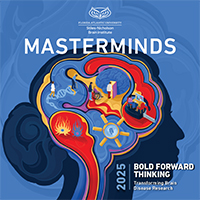 Illustration of a human head silhouette with a colorful brain depicting various research themes, titled 'MASTERMINDS' on a blue background.