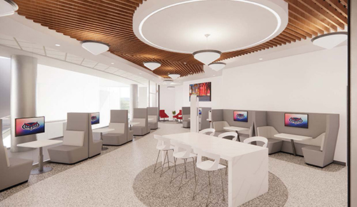 illustration of room with white table and chairs, beige work areas