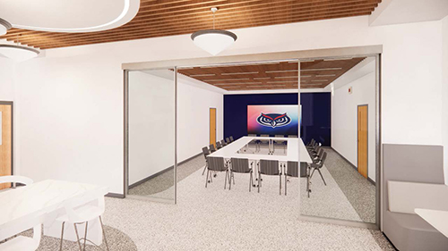 illustration of room with conference table, chairs, screen, and glass doors