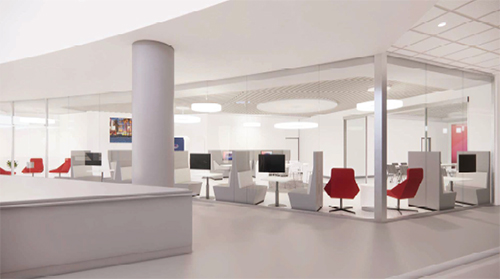 illustration of room with red chairs, white work areas, glass walls