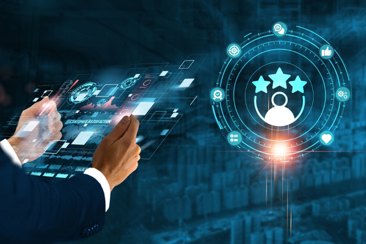 abstract blue and white background with hands and virtual computer