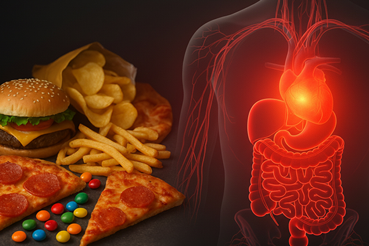 junk food next to illustration of glowing internal organs