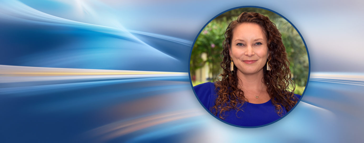 Kelly Kearney headshot on abstract blue and yellow background