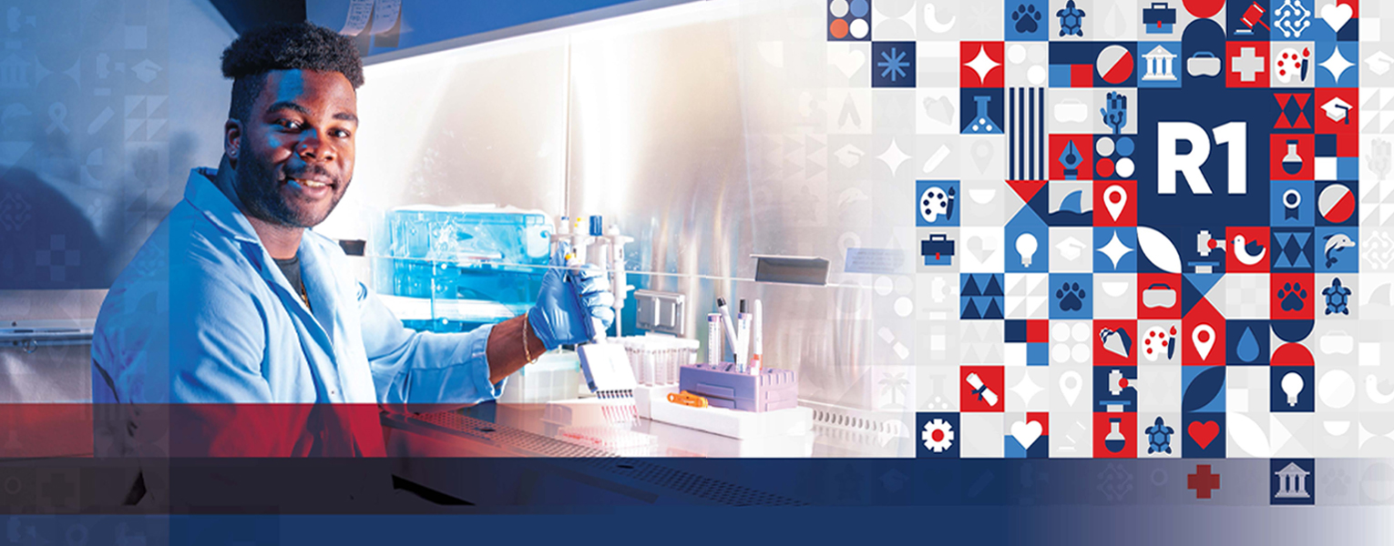 person in research lab with red and blue icons overlaying the right side - R1