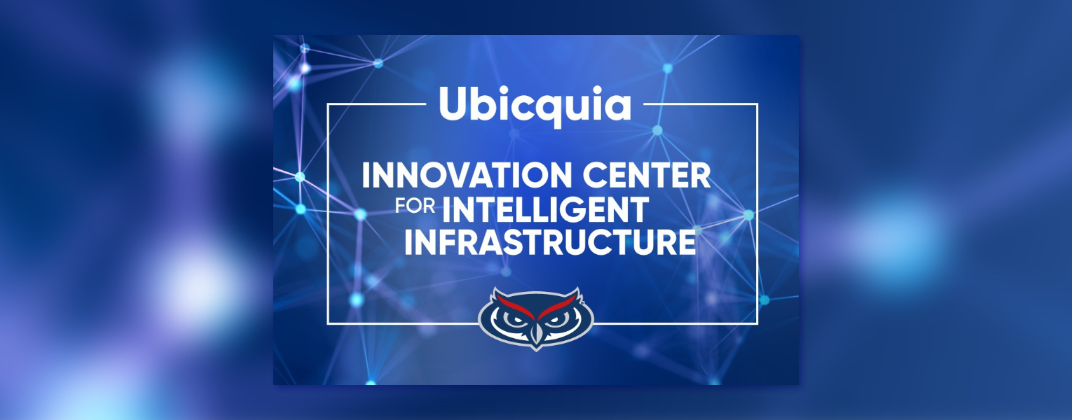 blue abstract background with words in white, 'Ubicquia Innovation  Center for Intelligent Infrastructure'