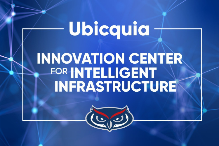 blue abstract background with words in white, 'Ubicquia Innovation  Center for Intelligent Infrastructure'